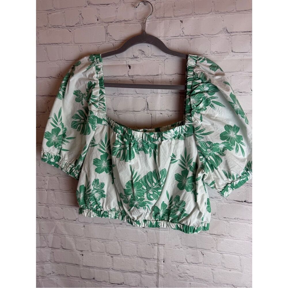 American Eagle Green Floral Square-Neck Puff Sleeve Crop Top NWT Large